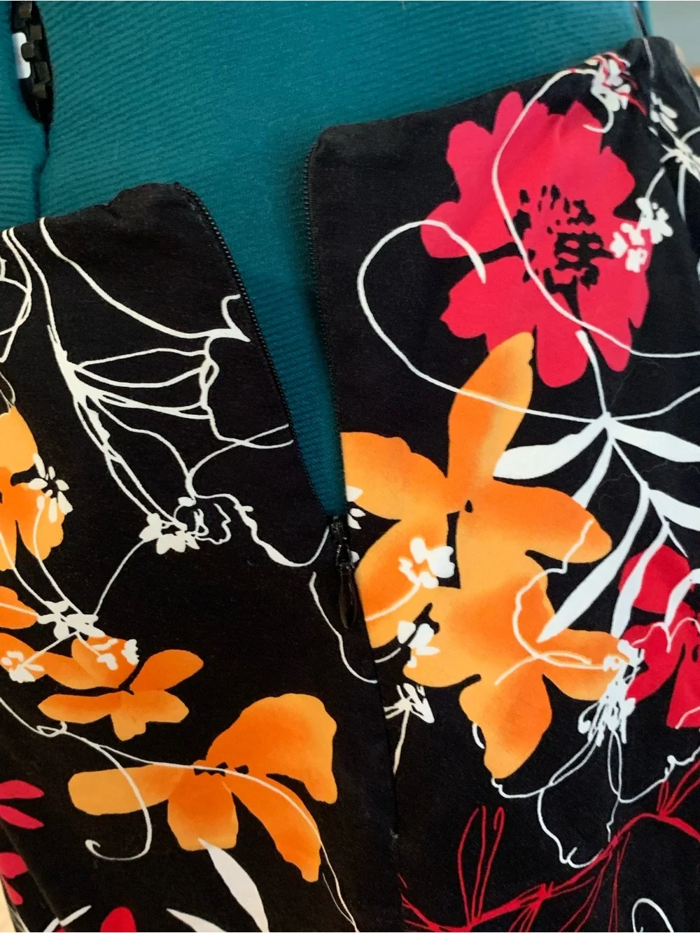 Vintage Notations Black Midi Skirt with Red & Orange Floral Print, Never Worn